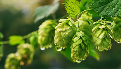 Green hops with water drops hanging from vine, bright morning light. Nature concept.