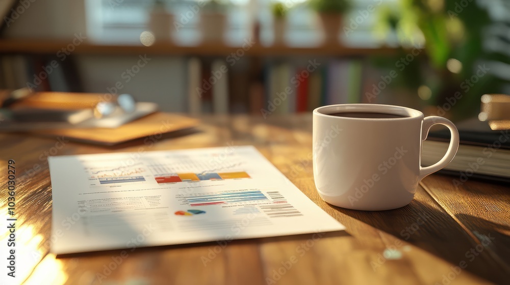 Wall mural business charts and documents on desk with coffee mug