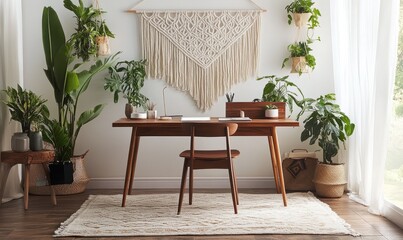 A beautifully designed home office features a wooden desk, modern plant arrangements, and a striking macrame wall hanging, creating a serene workspace