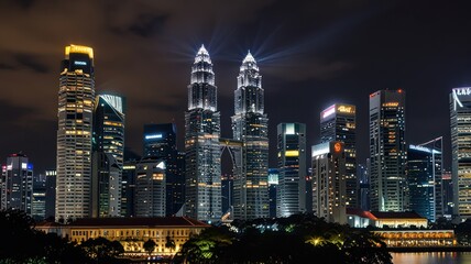 Fototapeta premium Night cityscape with tall skyscrapers illuminated by lights and a dark sky in the background.