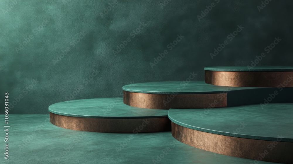 Aufkleber the composition features a series of smooth green steps with striking bronze edges, set against a te