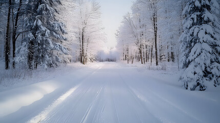 Obraz premium A snow covered road with trees in the background. The road is empty and quiet