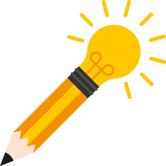 Graphic of a pencil with an eraser that transitions into an illuminated light bulb at the top, symbolizing creativity and new ideas.
