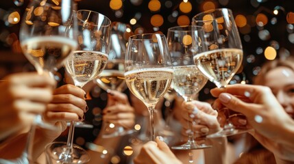 A group of people raising and clinking their sparkling wine glasses in a celebratory toast, with a backdrop of festive lights and happy expressions