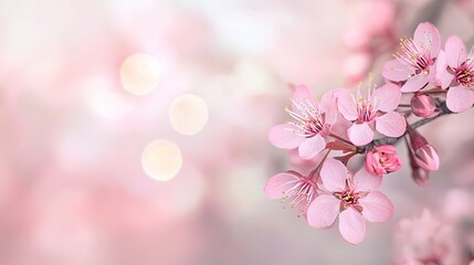   Pink flowers are blooming on a branch in front of a bokeh of white and pink blurry lights