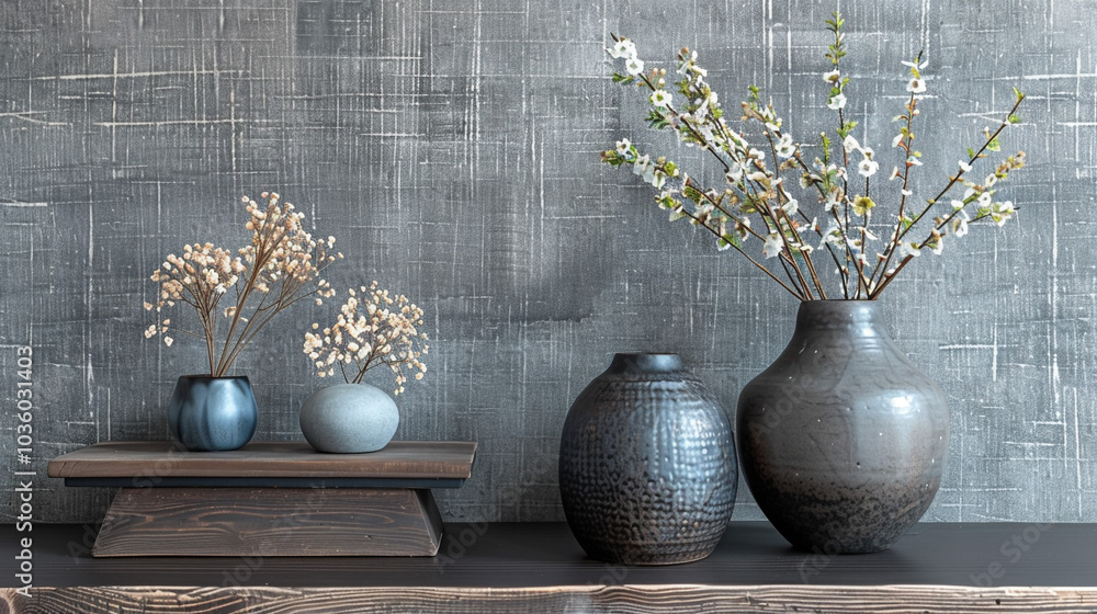Poster a stylish transitional interior wall clad in textured gray wallpaper with subtle metallic threads ru