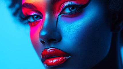 Black woman with Halloween makeup, cosmetology beauty banner with copy space