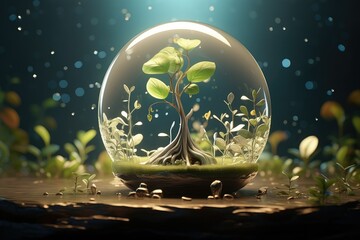 Inside a glass dome a miniature tree flourishes amidst lush green plants illuminated softly creating a peaceful atmosphere that encourages growth