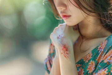 Asian woman with allergic reaction from insect bites seeking dermatology treatment.