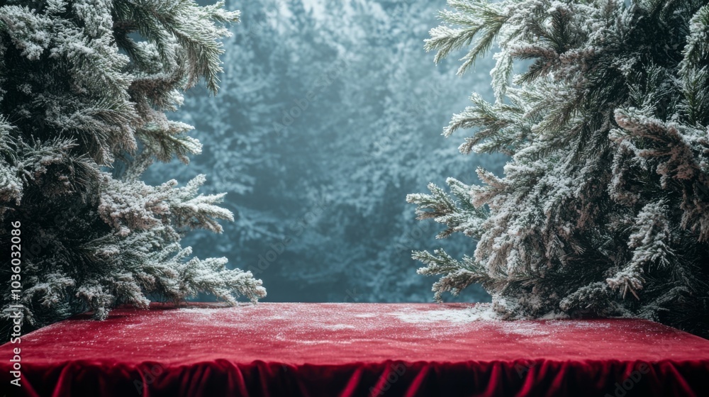 Poster snow-covered trees create a magical atmosphere, framing a rich red velvet table. the scene evokes a 