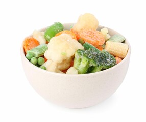 Different frozen vegetables in bowl isolated on white