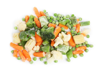 Mix of different frozen vegetables isolated on white, top view