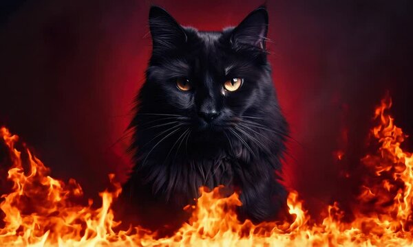 black cat on fire background on halloween