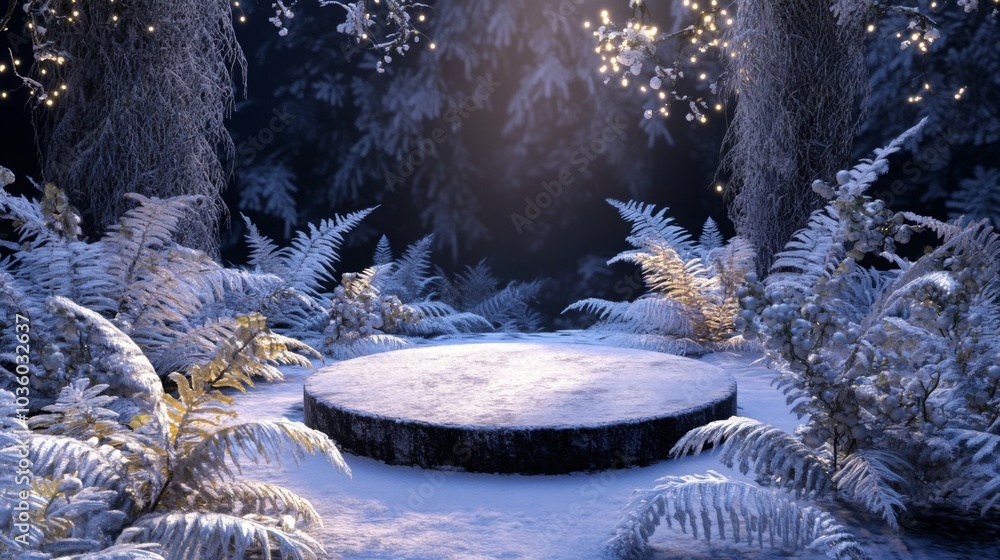 Poster a tranquil winter clearing is covered in a blanket of fresh snow, surrounded by frosty ferns and twi