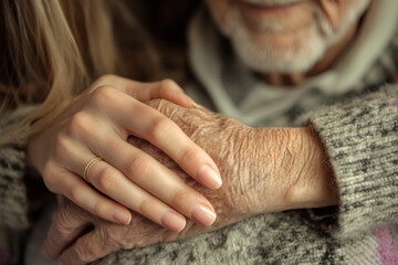 Fototapeta premium Hands holding each other, showing care and support for an elderly person with grey hair in the background. A young woman's hand gently holds the old man's weathered left palm