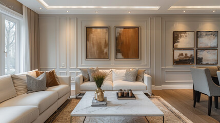 A stylish transitional interior wall painted in a soft taupe hue, featuring large white trim and crown molding