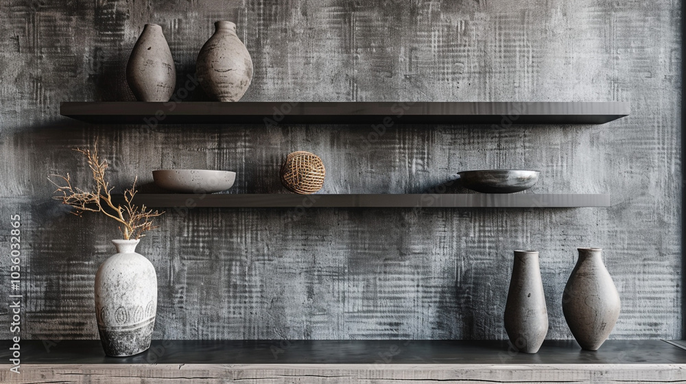 Poster a stylish transitional interior wall clad in textured gray wallpaper with subtle metallic threads ru