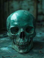 Close-up of a spooky, weathered human skull.