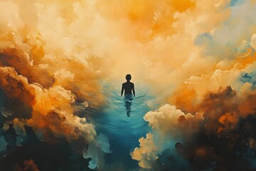Obraz premium Surreal Floating Figure Immersed in Ethereal Cloud-Water Landscape