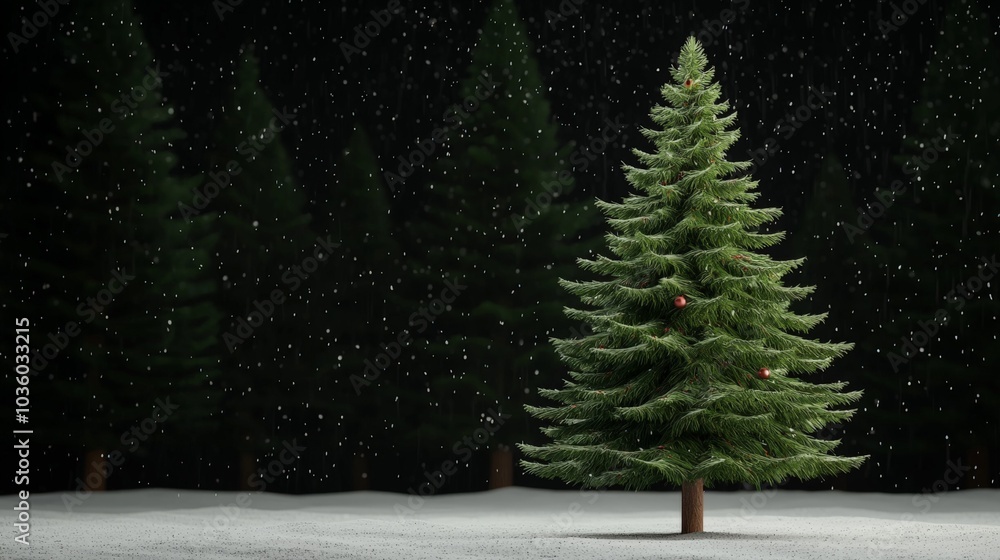 Poster a snow-covered evergreen tree stands alone in a dark, tranquil setting with gentle snowfall in the b