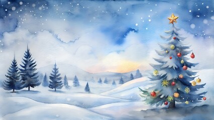 Obraz premium Watercolor Christmas landscape with decorated trees in a snowy forest at dusk.