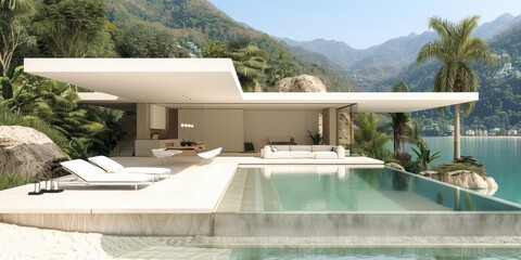Fototapeta premium Modern minimalist glass house with seamless indoor-outdoor living, located in a serene lakeside setting surrounded by lush mountains and an inviting infinity pool