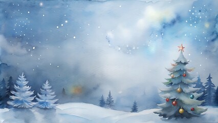 Naklejka premium Watercolor Christmas tree in a snowy landscape under a starry night sky.