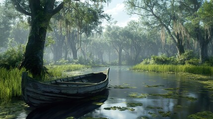 A tranquil bayou scene with moss-draped trees and a hunting boat moored at the shore.