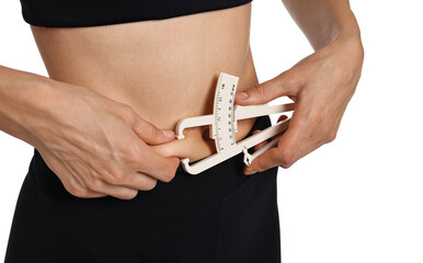 Woman measuring body fat with caliper on white background, closeup