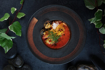 Thai Tom Yam soup with seafood. Large mussels. Asian cuisine. An exquisite serving of Tom Yam soup. Top view. Dark background.