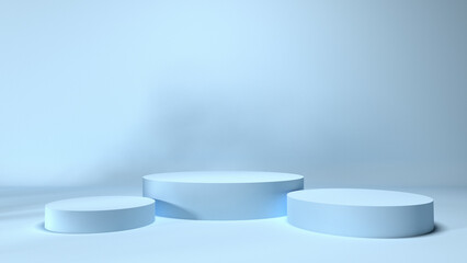 Trhee podium product display with blue light color, minimalis design 3d rendering
