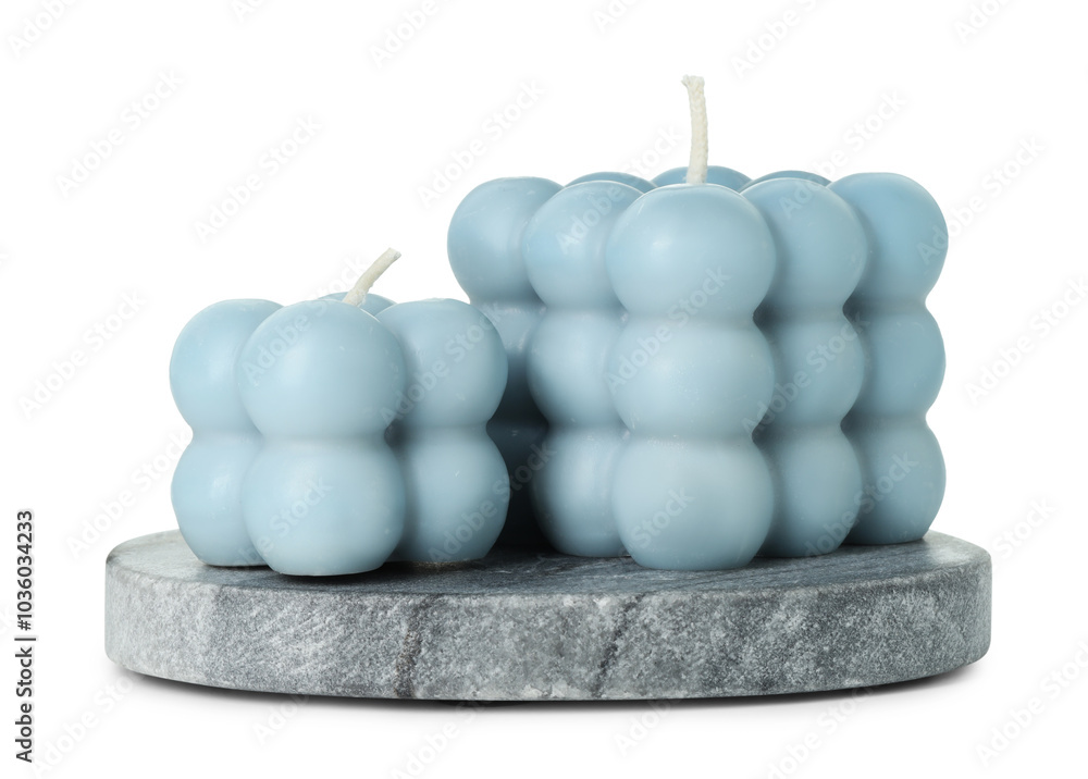 Canvas Prints Beautiful light blue bubble candles isolated on white