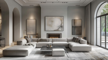 A stylish transitional living room with a minimalist aesthetic, featuring a large gray sectional, a sleek metal coffee table, and an oversized abstract painting above the fireplace