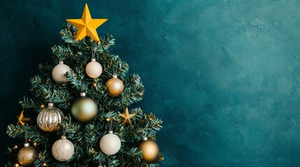 Fototapeta premium A beautiful Christmas tree adorned with gold and silver ornaments under a bright star, set against a dark green background.