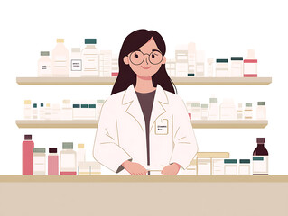 Pharmacist in front of medicine shelves on drug store background