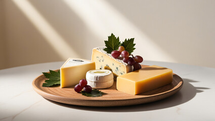 Cheese. Slices of cheese on plates: brie, blue, gorgonzola, parmesan and maasdam on a table