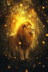Naklejka premium Dreamlike Lion in Enchanted Forest