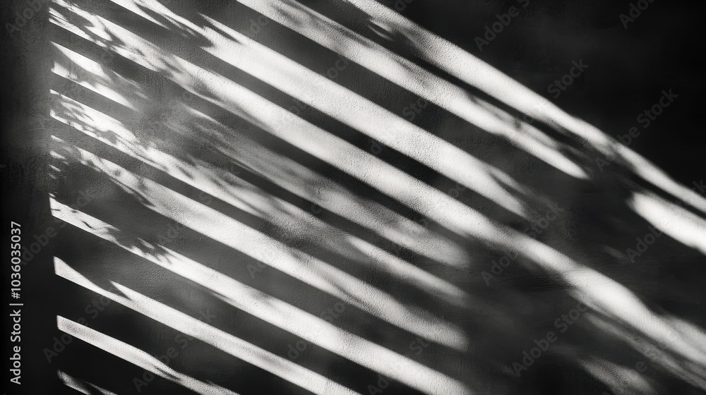 Poster play of light and shadow on a textured wall creates an abstract pattern in monochrome tones during t