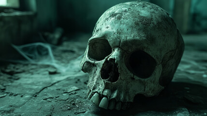 Human skull in a dark, abandoned, decayed environment.