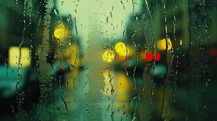 Obraz premium Raindrops on a window with blurred city lights.