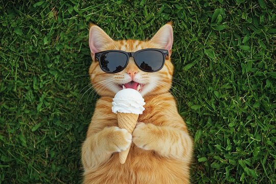 Funny ginger cat with ice cream lying on green grass