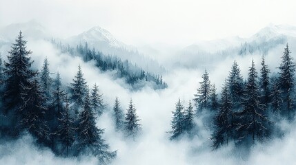   A hazy woodland with coniferous trees in the near field and a distant mountain range