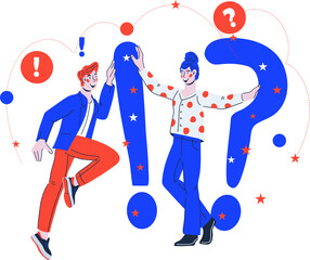People holding question and exclamation marks. Looking for information, support or FAQ concept.