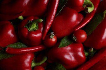 Many red peppers and tomatoes as background, closeup