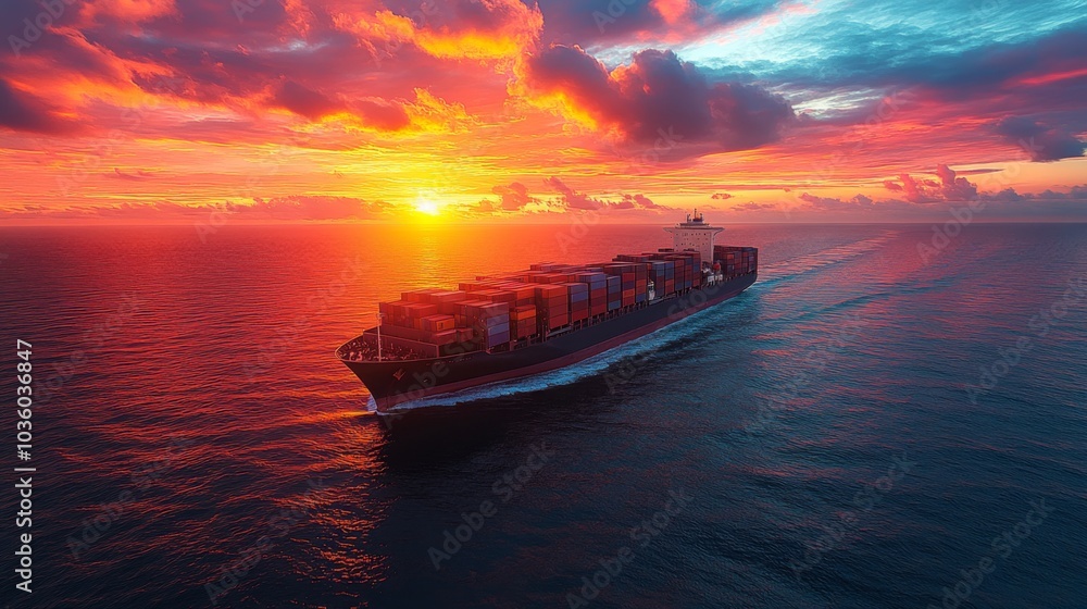 Poster a cargo ship sails steadily across calm waters as the sun sets, illuminating the sky with brilliant 