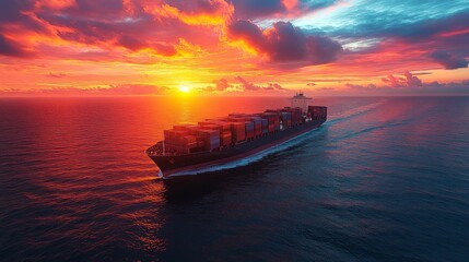 Obraz premium A cargo ship sails steadily across calm waters as the sun sets, illuminating the sky with brilliant colors and creating a serene atmosphere at dusk.