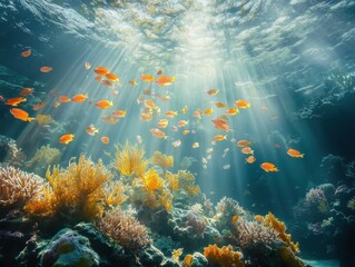 Naklejka premium Vibrant Coral Reef Scene with Colorful Fish Underwater