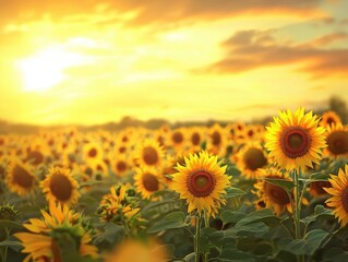 Fototapeta premium Sunflower Field at Golden Sunset Glow
