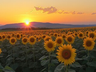 Obraz premium Sunset Over a Sunflower Field with Golden Glow