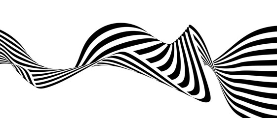 Abstract black and white striped shape twisting and flowing on white background